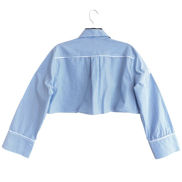 Zara Striped Cropped Button Down Shirt Womens Small Blue White Excellent - Picture 6 of 10